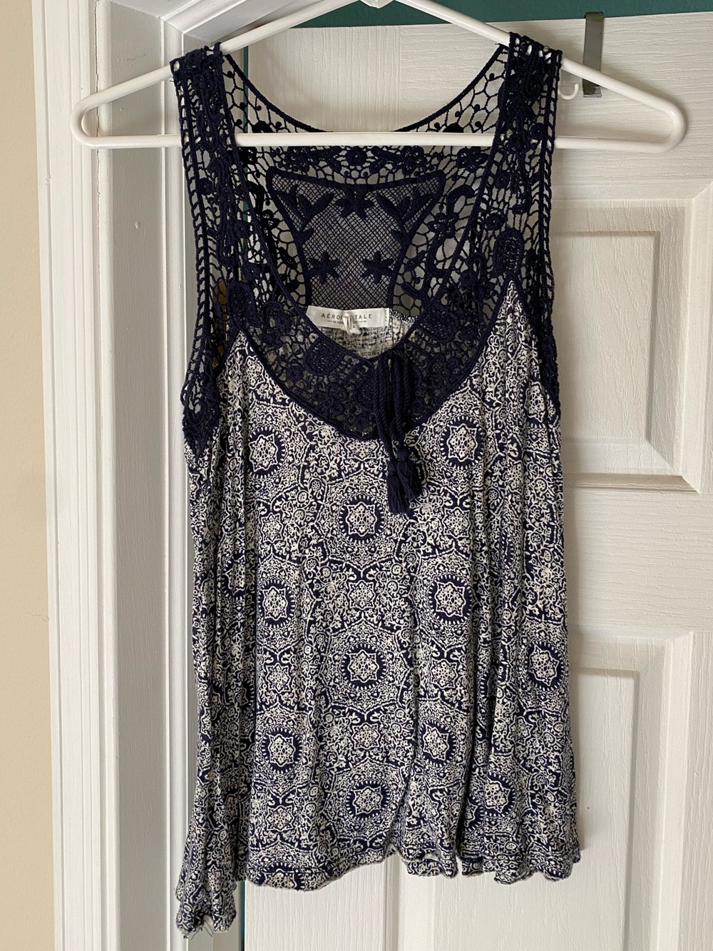 Aeropostale Navy and White Crochet Yoke Tank Top